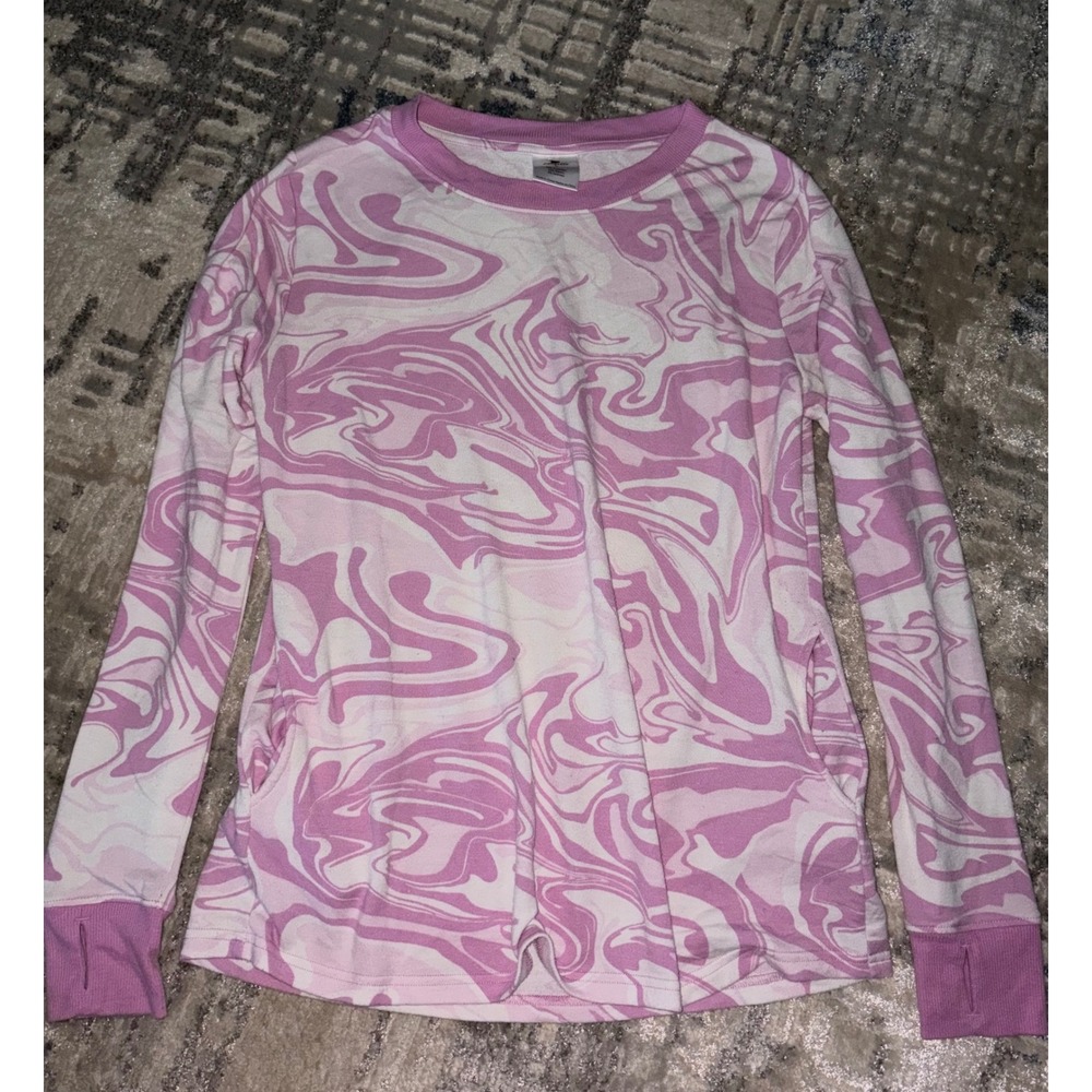 Crane Pink White Marble Swirl Long Sleeve Active Top Thumbhole Pockets Large